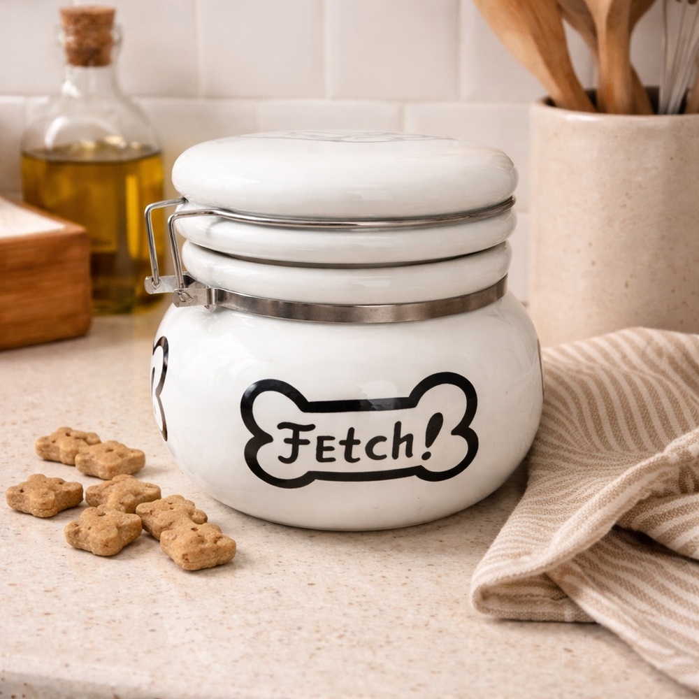 Fetch Ceramic Dog Treat Jar | Black & White Airtight Pet Treat Container